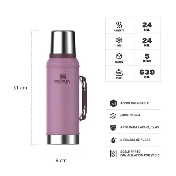 TERMO STANLEY CLASICO CON MANIJA Y TAPON CEBADOR 950ML LILAC - Imagen 3