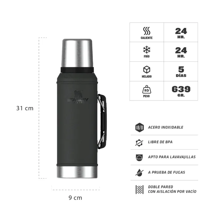 TERMO STANLEY CLASICO CON MANIJA Y TAPON CEBADOR 950ML NEGRO 2.0 - Imagen 2