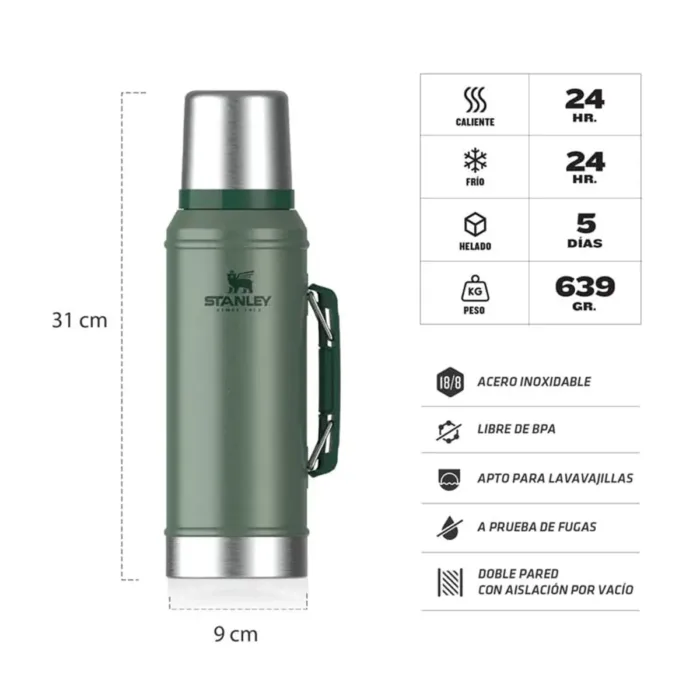 TERMO STANLEY CLASICO CON MANIJA Y TAPON CEBADOR 950ML VERDE 2.0 - Imagen 2